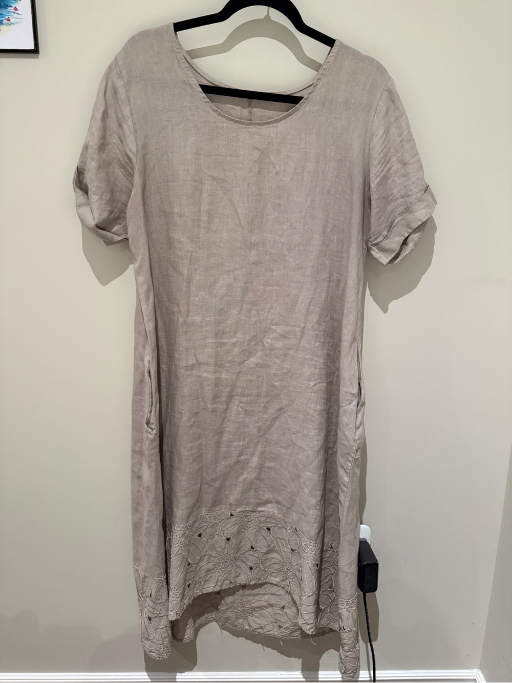 Made in Italy Linen Dress Medium Taupe Embroidered Hem Pockets Lagenlook Boho